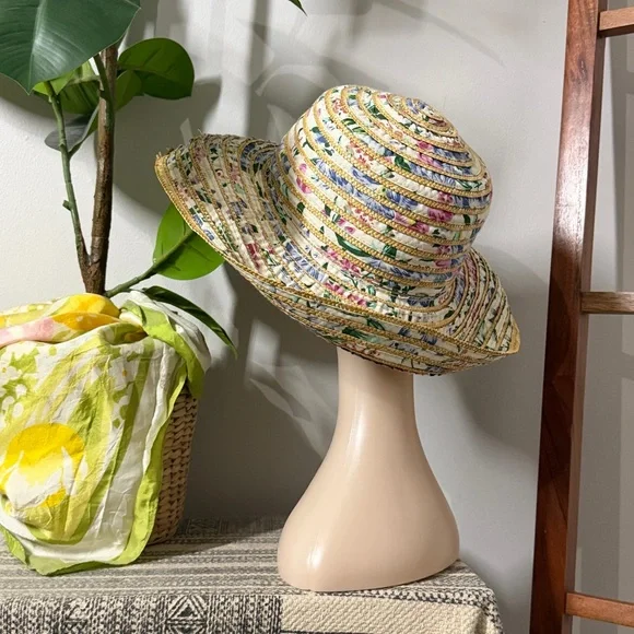 Vintage 90s Adult ONE SIZE Woven Floral Fabric and Straw Sun Hat - Picture 3 of 7